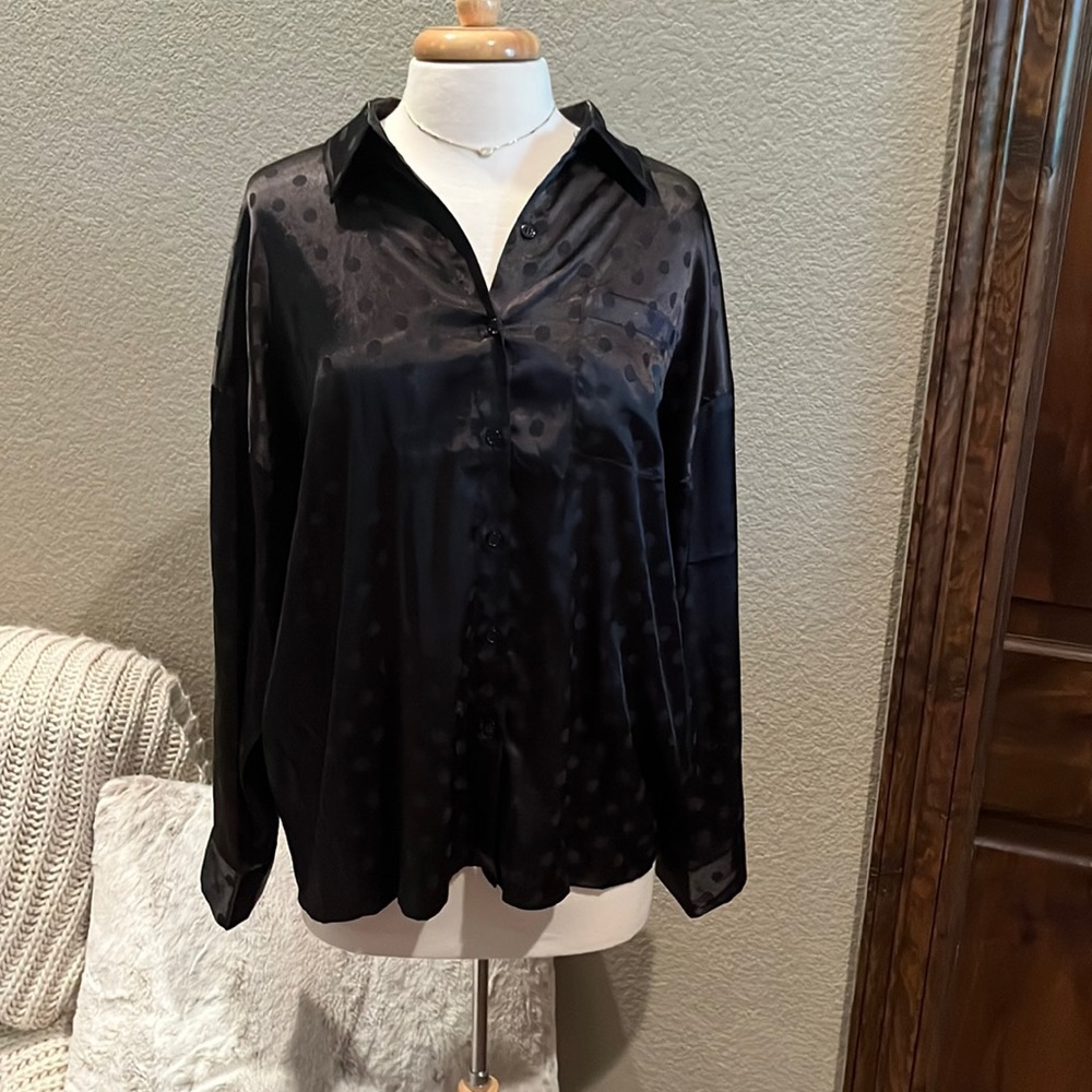 LELIS Black Polka Dotted Button Up Long Sleeve Blouse